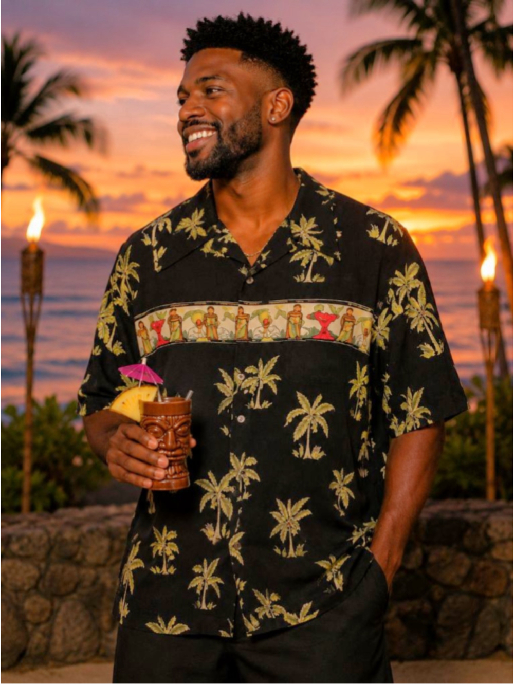 Vtg Campia Moda Made in Korea Hawaiian Shirt Men's XXL Palm Trees & Drinks